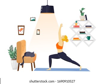 Happy healthy young man practicing yoga in living room, relaxing weekend at home. Vector illustration. Sport activity, workout, exercise, fitness, indoor, meditation, lifestyle, stay at home concept