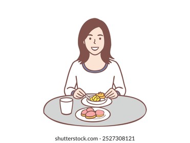 Happy healthy young woman got a vegetarian meal, Breakfast. Hand drawn style vector design illustrations.