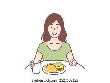 Happy healthy young woman got a vegetarian meal, Breakfast. Hand drawn style vector design illustrations.