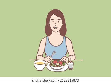 Happy healthy young woman got a vegetarian meal, Breakfast. Hand drawn style vector design illustrations.