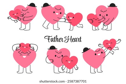 Happy heart cartoon character father with children of set doodle style. Cute love dad parent dancing, hugs child. Symbol love, appreciation, fatherhood, parenting. Vector clip-art isolated