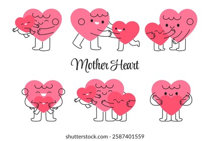 Happy heart cartoon character mother with children of set doodle style. Cute love mom parent dancing, hugs child. Symbol love, motherhood, appreciation, parenting. Vector clip-art isolated