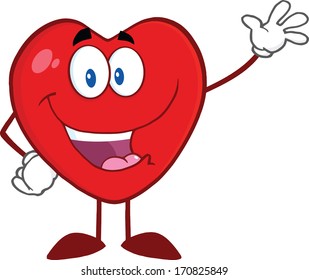 Happy Heart Cartoon Mascot Character Waving For Greeting. Vector Illustration Isolated on white