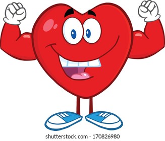 Happy Heart Cartoon Mascot Character Showing Muscle Arms. Vector Illustration Isolated On White