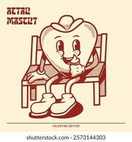 Happy heart character eating ice cream retro mascot