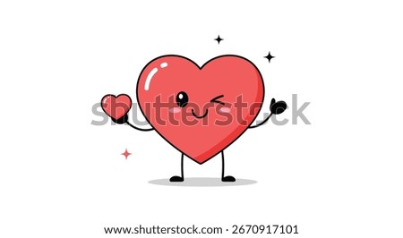 A happy heart character winks holding a smaller heart illustration