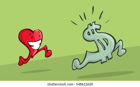 Happy heart chasing a dollar sign. beatifull illustration of inflation concept.
