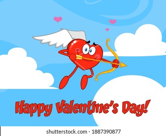 Happy Heart Cupid Cartoon Character Flying With Bow And Arrow. Vector Illustration With Background