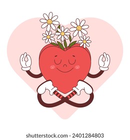 Happy heart doing yoga in groove style. 60s and 70s retro style.  Vector Valentine's Day Poster Template