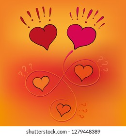 Happy heart finds true love after a long search. Bright funny symbolic story. Vector illustration