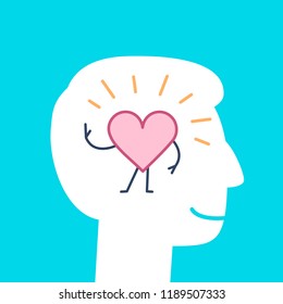 Happy heart inside happy head. Vector concept illustration of happiness and self confidence in mind, heart and soul | flat design linear infographic icon on blue background