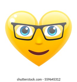 Happy Heart Smile Emoticon in Glasses. Heart Emoji in Glasses. For 14th of February. For Saint Valentine's Day. Isolated Vector Illustration on White Background