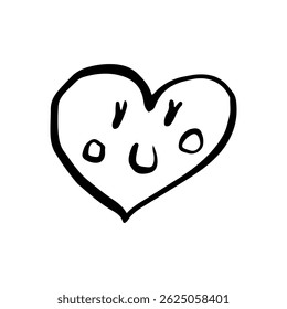 Happy heart is smiling, doodle drawing, cute character, icon, sticker, sketch style vector illustration, black and white