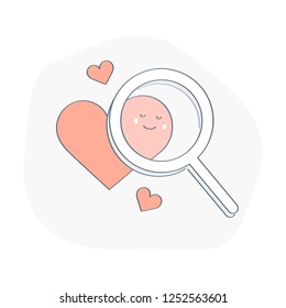 Happy heart under a magnifying glass. Searching love, love affair or heart inspection concept. Isolated vector illustration on white.