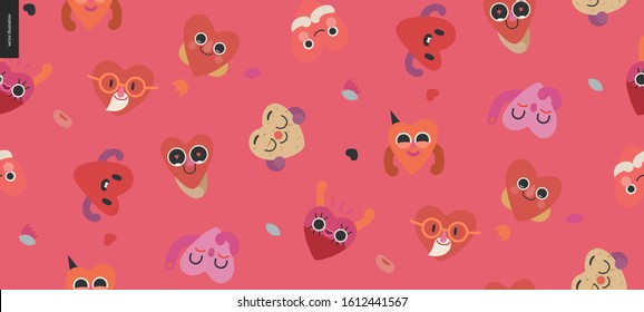 Happy hearts seamless pattern - Valentines day graphics. Modern flat vector concept illustration - a smiling happy valentine hearts, cute character in love concept