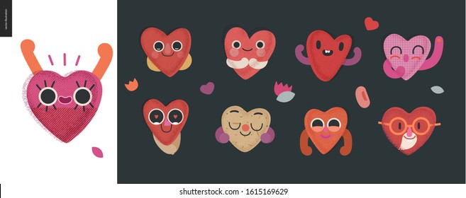 Happy hearts set - Valentines day graphics. Modern flat vector concept illustration - a smiling happy valentine hearts, cute character in love concept