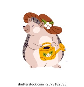 Happy hedgehog gardener holds watering can in paws. Cute prickly farmer cares about flowers, growing plants. Adorable baby animal with needles in summer hat. Flat isolated vector illustration on white