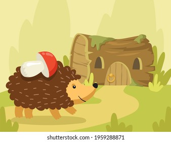 Happy hedgehog going to tree stump home with mushroom on needles. Flat vector illustration. Cartoon hedgehog living in wild nature, stocking up food. Wild animal, nature, fantasy, fairytale concept