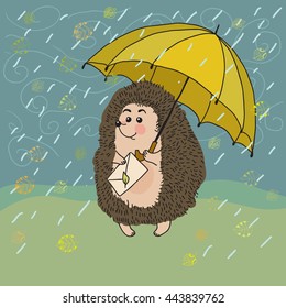 Happy hedgehog with letter. Rainy day. Vector for design