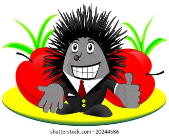 Happy hedgehog on a background of ripe red apples in a vector