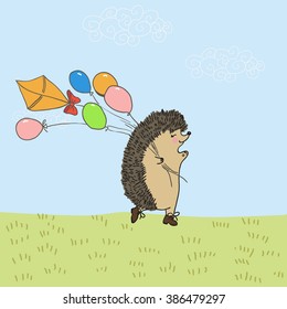 Happy hedgehog running with balloons. Vector illustration for design