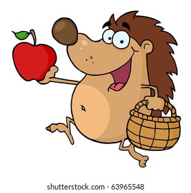 Happy Hedgehog Runs With Apple Vector Illustration