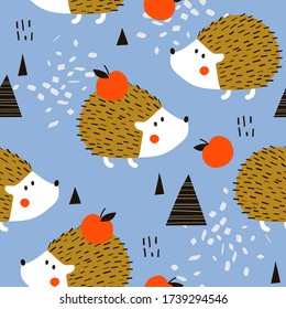 Happy hedgehogs, apples, hand drawn backdrop. Colorful seamless pattern with animals. Decorative cute wallpaper, good for printing. Overlapping colored background vector. Design illustration