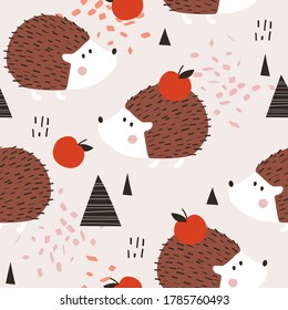 Happy hedgehogs, apples, hand drawn backdrop. Colorful seamless pattern with animals. Decorative cute wallpaper, good for printing. Overlapping colored background vector. Design illustration