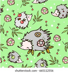 Happy hedgehogs with berries and donuts