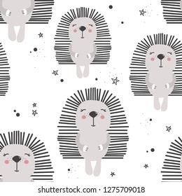 Happy hedgehogs, hand drawn backdrop. Colorful seamless pattern with animals. Decorative cute wallpaper, good for printing. Overlapping background vector. Design illustration