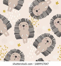 Happy hedgehogs, hand drawn backdrop. Colorful seamless pattern with animals. Decorative cute wallpaper, good for printing. Overlapping background vector. Design illustration