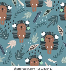 Happy hedgehogs, leaves, hand drawn backdrop. Colorful seamless pattern with animals. Decorative cute wallpaper, good for printing. Overlapping colored background vector. Design illustration