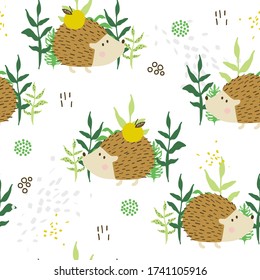 Happy hedgehogs, plants, apples, hand drawn backdrop. Colorful seamless pattern with animals. Decorative cute wallpaper, good for printing. Overlapping colored background vector. Design illustration