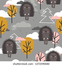 Happy hedgehogs, trees, hand drawn backdrop. Colorful seamless pattern with animals. Decorative cute wallpaper, good for printing. Overlapping colored background vector. Design illustration