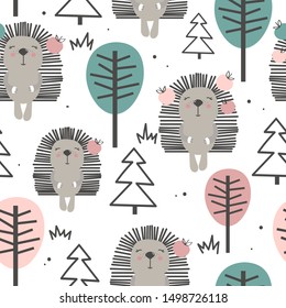 Happy hedgehogs, trees, hand drawn backdrop. Colorful seamless pattern with animals, forest. Decorative cute wallpaper, good for printing. Overlapping colored background vector. Design illustration