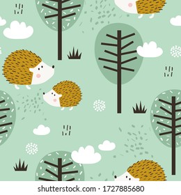 Happy hedgehogs, trees, hand drawn backdrop. Colorful seamless pattern with animals, forest. Decorative cute wallpaper, good for printing. Overlapping colored background vector. Design illustration