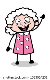 Happy Hello Gesture - Old Cartoon Granny Vector Illustration