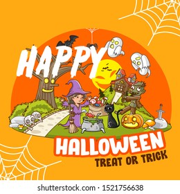 Happy Helloween greeting card, witch, zombie, haunted house, ghost illustration vector. banner or poster for social media - vector
