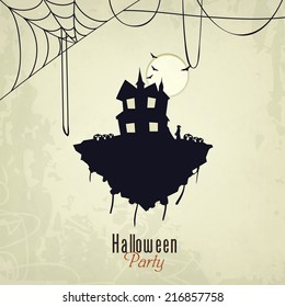 Happy Helloween night party celebration with haunted house, scary flying bad and spider web on grungy background. 