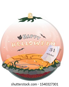 Happy Helloween orange ball with flashlights and bats, october 31 inscription