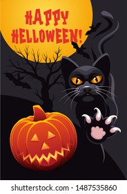 HAPPY HELLOWEEN POSTER DESIGN WITH BLACK CAT CHARACTER
