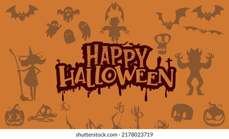 Happy Helloween Text On Doodle Element Hallowen Pattern Vector Seamless Background.