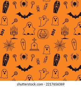 Happy helloween Text auf doodle Element hallowen Muster Vektorgrafik nahtlosen Hintergrund.
