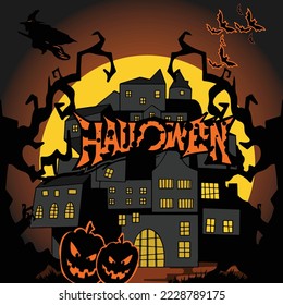Feliz texto helloween sobre el elemento doodle hallowen patrón vector fondo sin fisuras.
