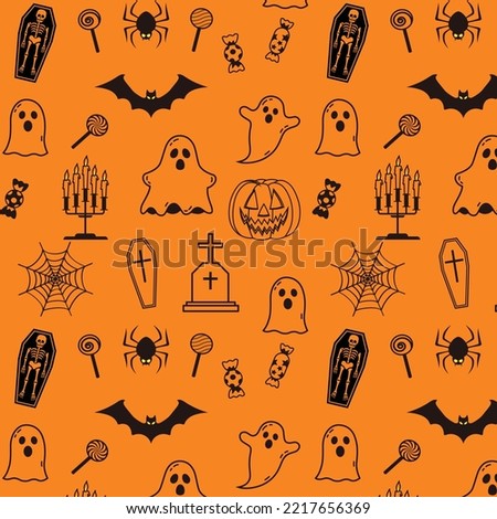 Happy helloween text on doodle element hallowen pattern vector seamless background.
