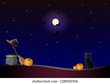 Happy helloween. Vector illustration with witch hat, pumpkin, potion pot, black cat, moon, and broom