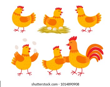 Happy hen cartoon character in different poses isolated on white background. Hen and rooster vector flat illustration. Cute and funny colorful set of egg-laying hens. Chicken with eggs.