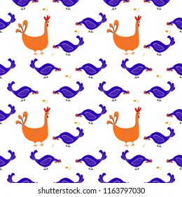 Happy hen cartoon character in different poses isolated. Hen and rooster vector flat illustration. Cute and funny colorful set 