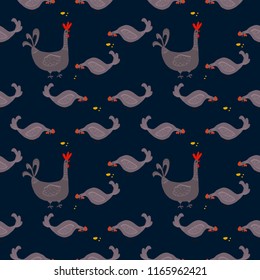 Happy hen cartoon character in different poses isolated. Hen and rooster vector flat illustration. Seamless pattern vector
