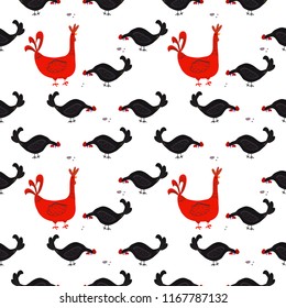 Happy hen cartoon character in different poses isolated. Hen and rooster vector flat illustration. Cute and funny colorful set 